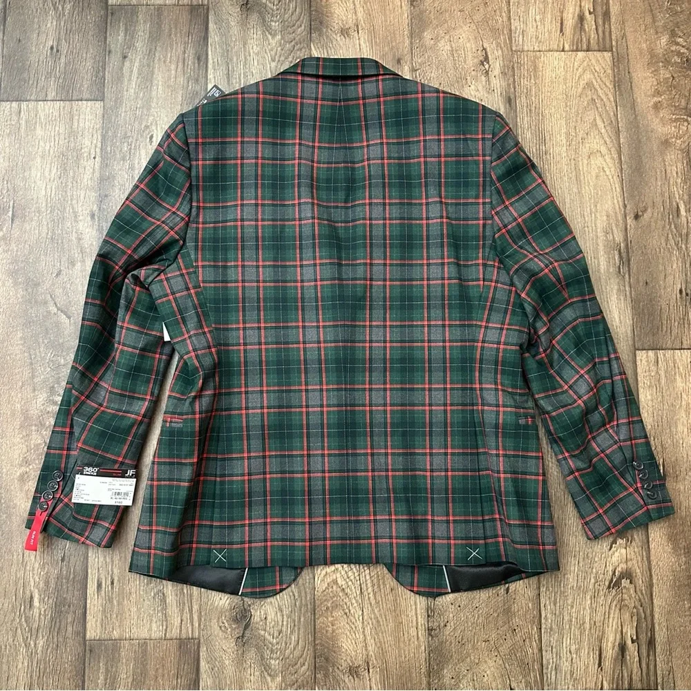 JF J Ferrar Sports Coat Slim Suit Jacket Men's XL 46/48 R Plaid Red Green